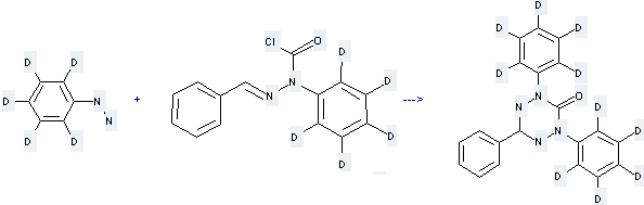Hydrazine, phenyl-d5- (9CI) can react with Benzaldehyde 2-chloroformyl-2-[2H5]phenylhydrazone to get 1, 4, 5, 6-Tetrahydro-2, 4-di[2H5]phenyl-6-phenyl-1, 2, 4, 5-tetrazin-3(2H)-one.